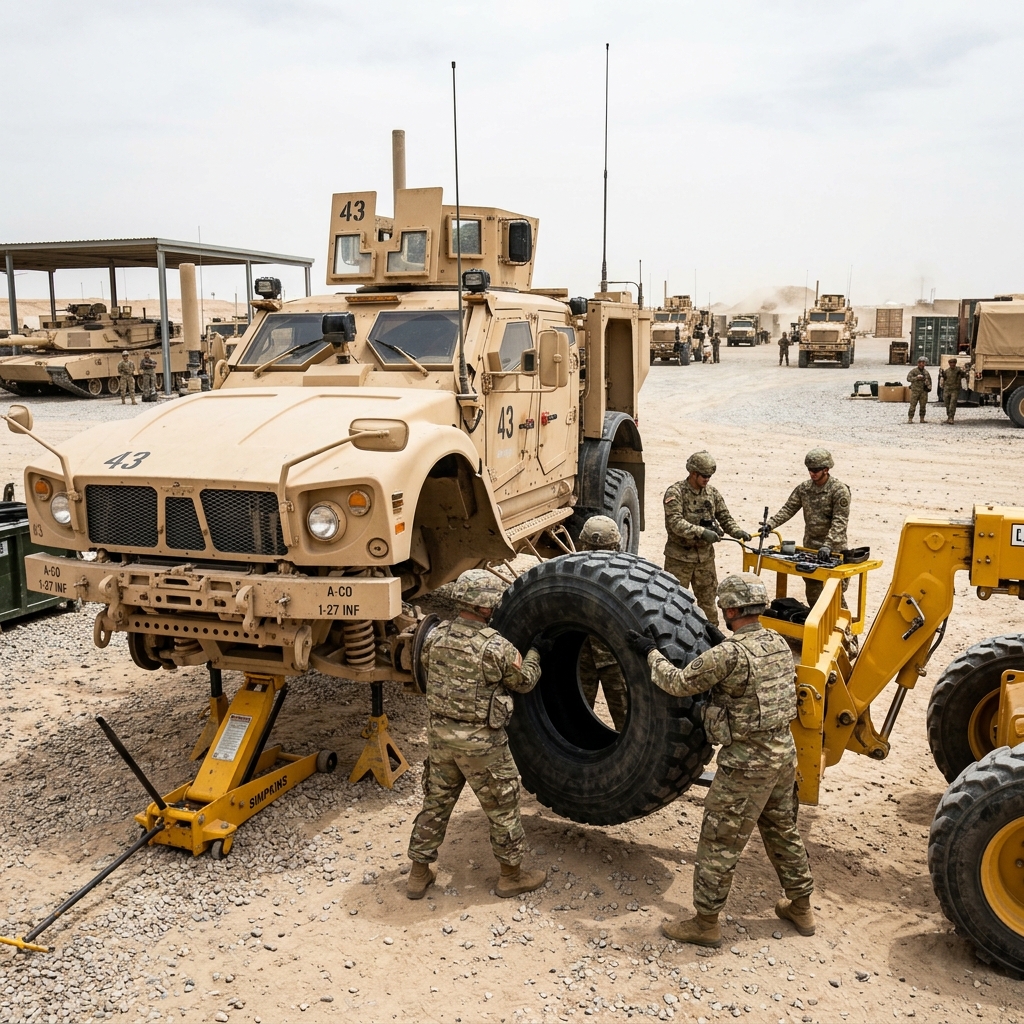 Military maintenance crew changing a run-flat tire on an armored MRAP vehicle at a forward operating base