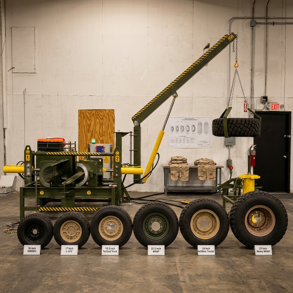 GMR-023 run-flat changer machine with multiple military tire sizes for fleet compatibility assessment