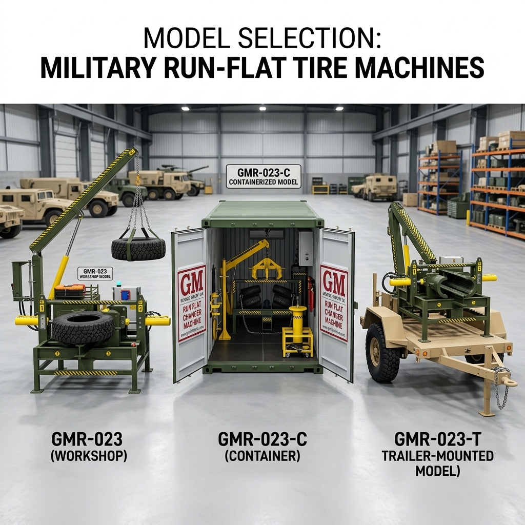 Three run-flat machine deployment configurations: GMR-023 workshop, container, and trailer models side by side