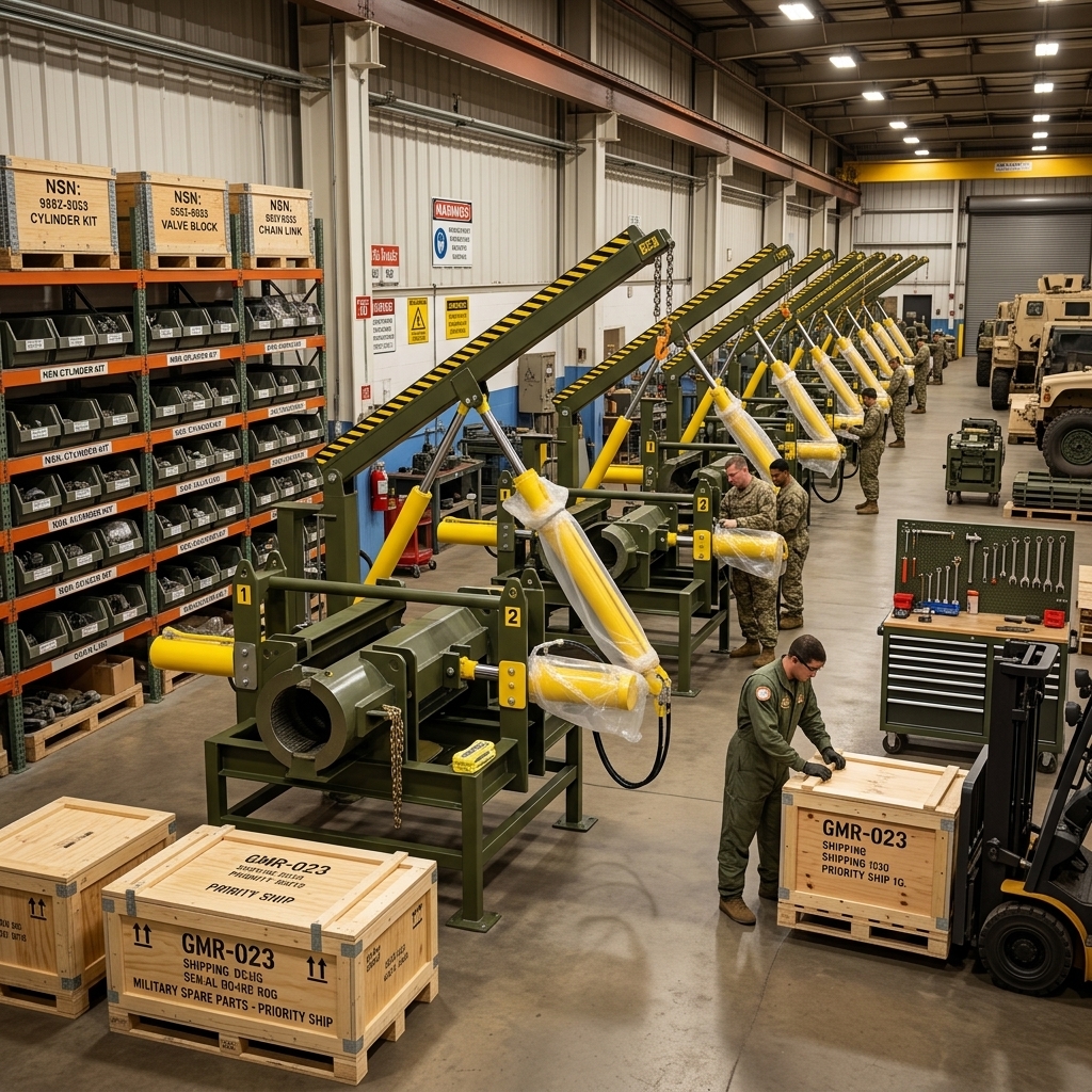 GMR-023 fleet support depot with multiple machines, spare parts inventory, and NSN logistics operations