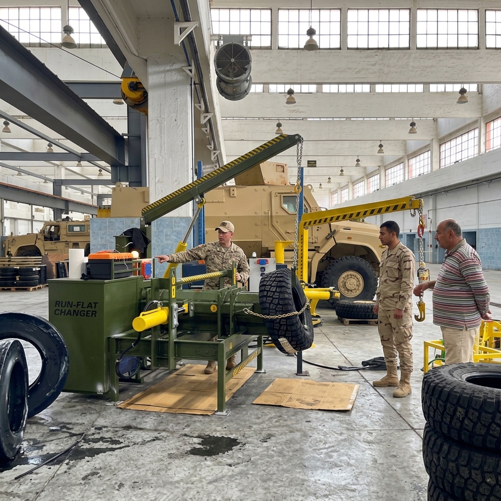 Military personnel receiving hands-on operator training on GMR-023 run-flat changer machine at military depot